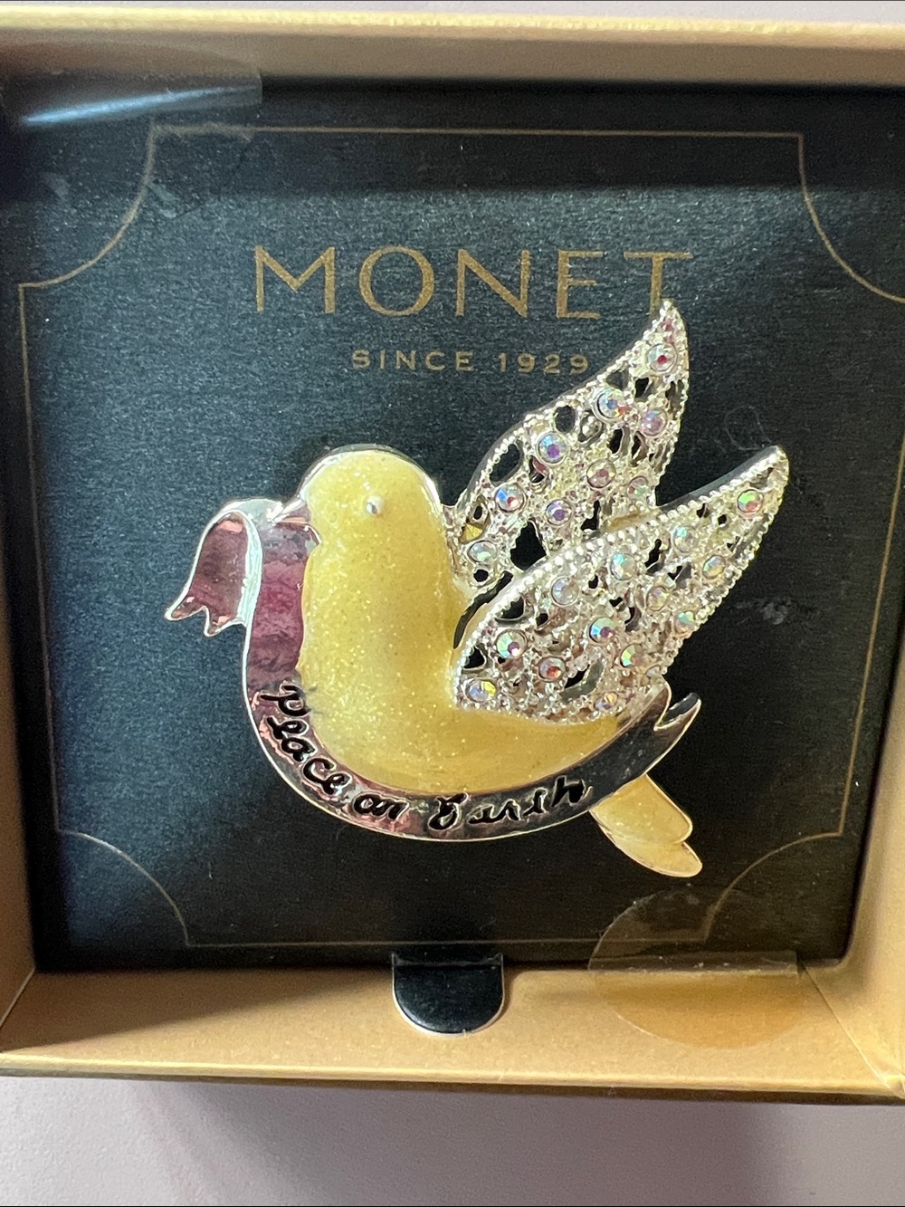 Monet Yellow and Silver Dove Brooch with Crystal-Studded Wings